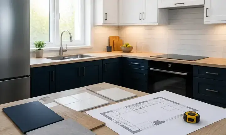 Rénovation cuisine: solution standard et matériaux équilibrés Rénovation cuisine: solution standard avec meubles, crédence, plan et implantation équilibrée