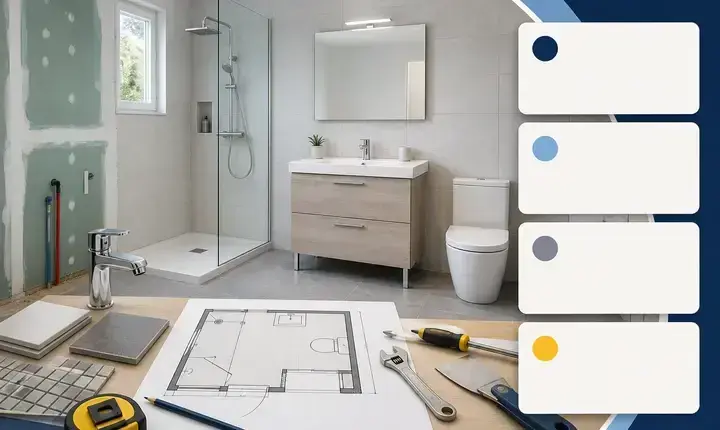 Rénovation salle de bain: solution standard avec matériaux courants, plan et équipements équilibrés