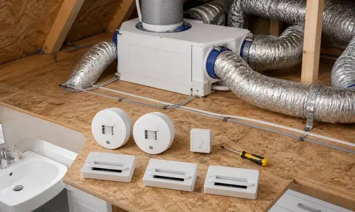 VMC et ventilation: solution standard Hygro B Solution standard VMC Hygro B avec caisson, gaines, bouches hygroréglables et entrées d'air