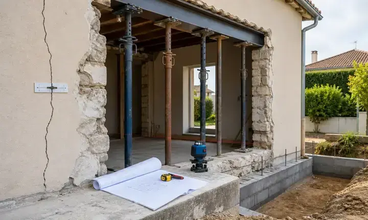 Extension maison: diagnostic de structure existante avec ouverture, étais, mur et fondations